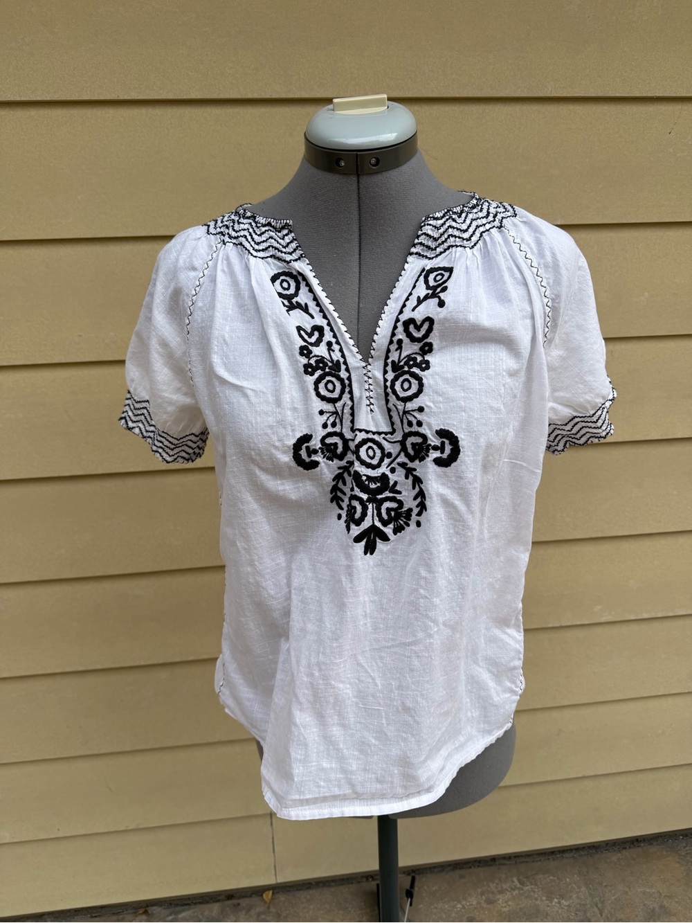 J. Crew White Linen Peasant Blouse with Black Embroidery